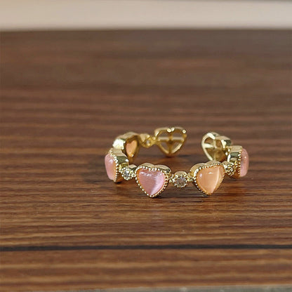 14k gold plated pink opal stone heart open band rings Set of 5