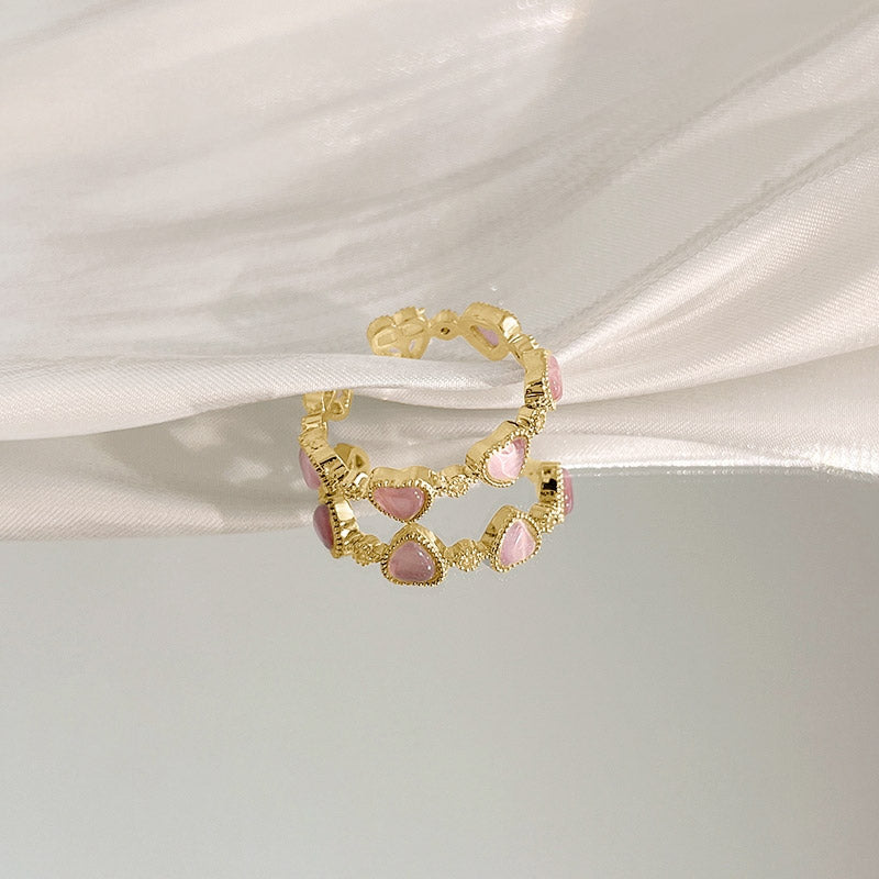 14k gold plated pink opal stone heart open band rings Set of 5