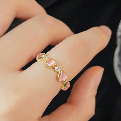 14k gold plated pink opal stone heart open band rings Set of 5