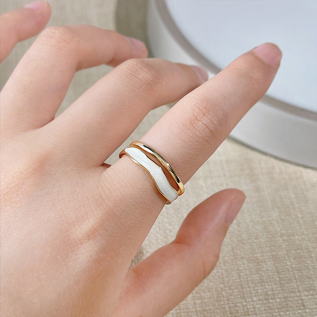 14k gold plated double layer white enamel wave open adjustable rings Set of 5