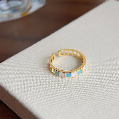 Gold plated blue and white enamel geometric design open finger rings Set of 5