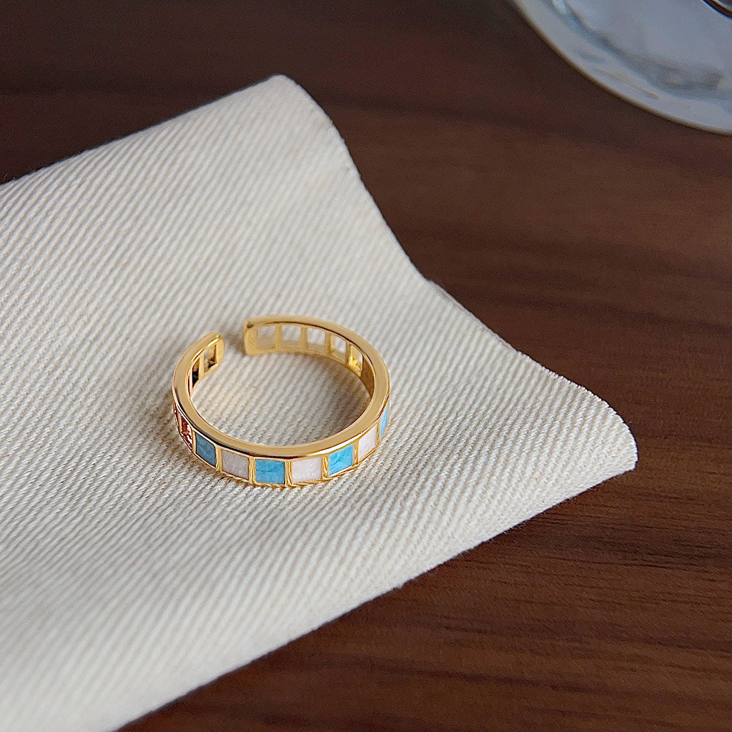 Gold plated blue and white enamel geometric design open finger rings Set of 5