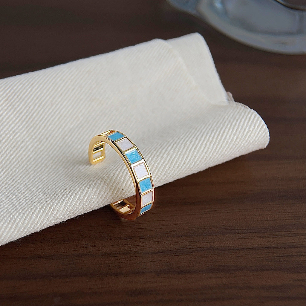 Gold plated blue and white enamel geometric design open finger rings Set of 5