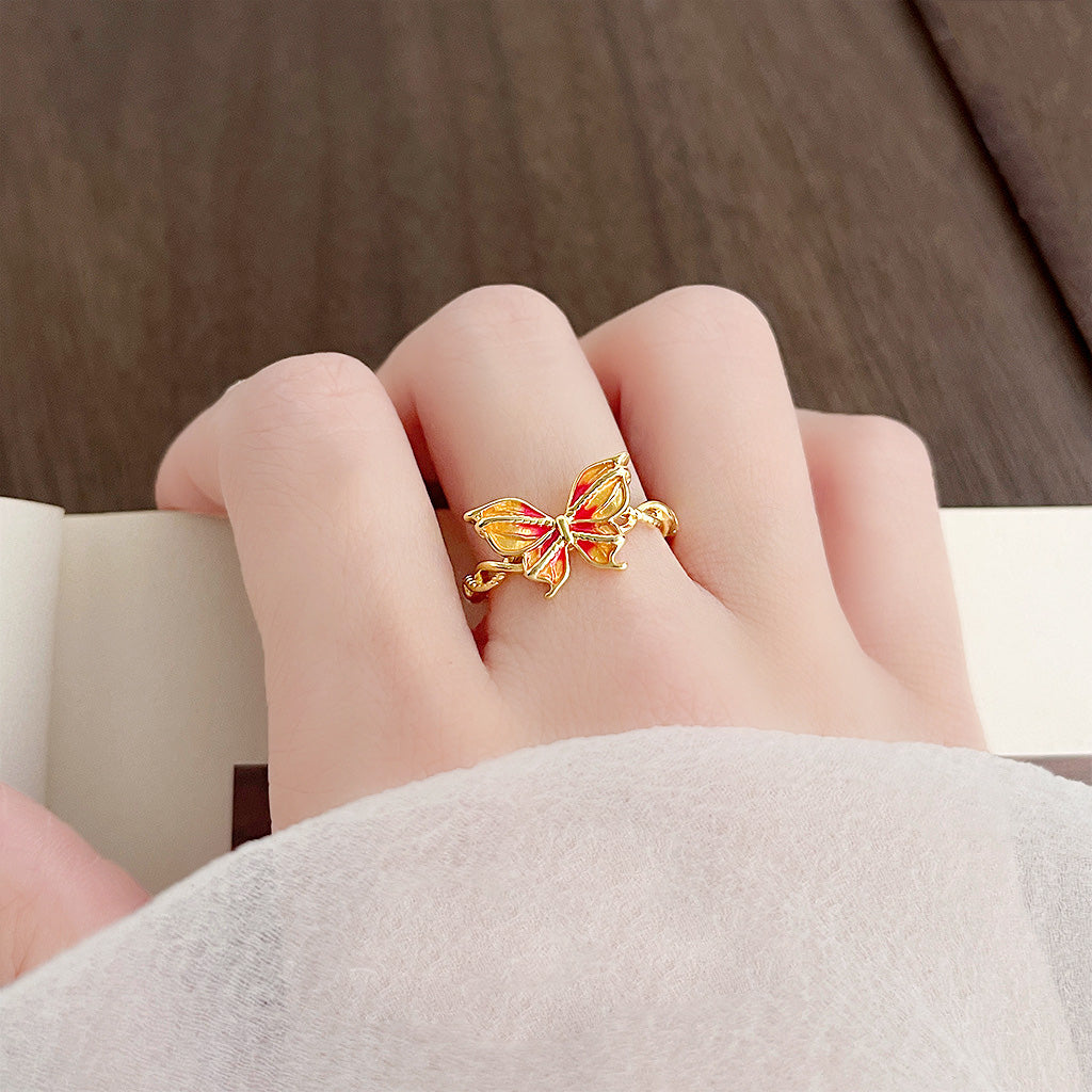 Gold plated gradient orange red enamel butterfly adjustable rings Set of 5