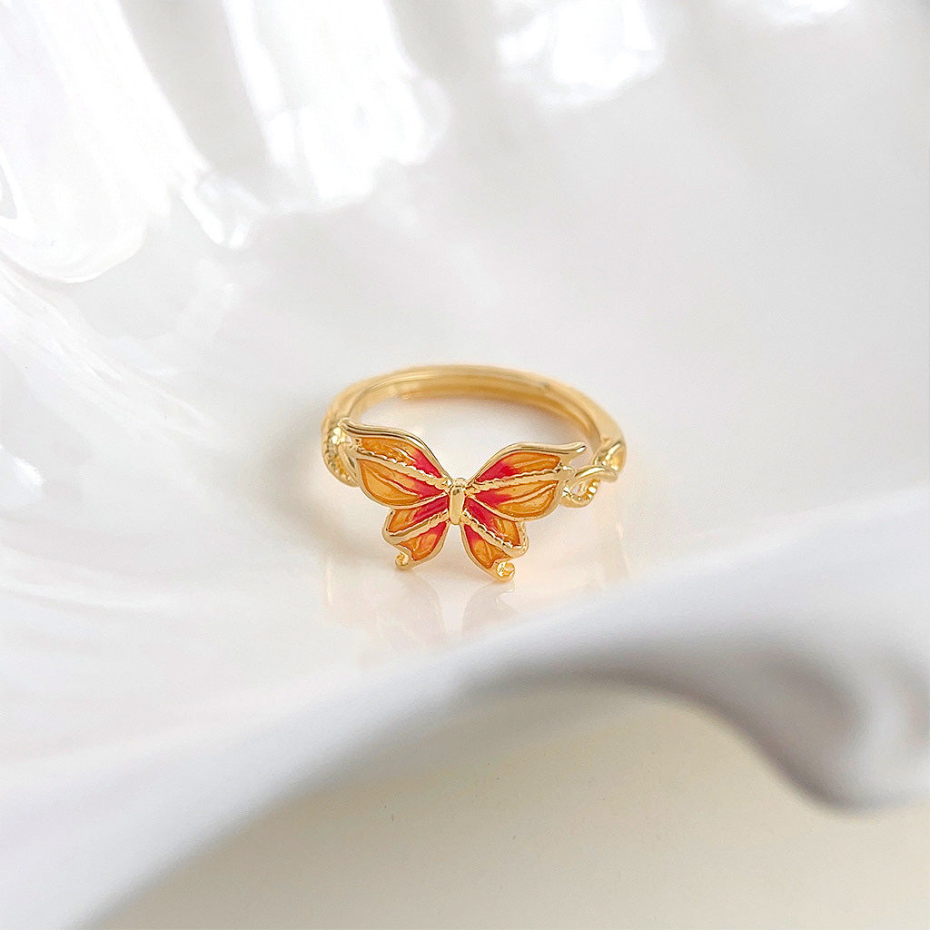 Gold plated gradient orange red enamel butterfly adjustable rings Set of 5