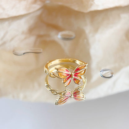 Gold plated gradient orange red enamel butterfly adjustable rings Set of 5