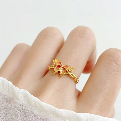 Gold plated gradient orange red enamel butterfly adjustable rings Set of 5