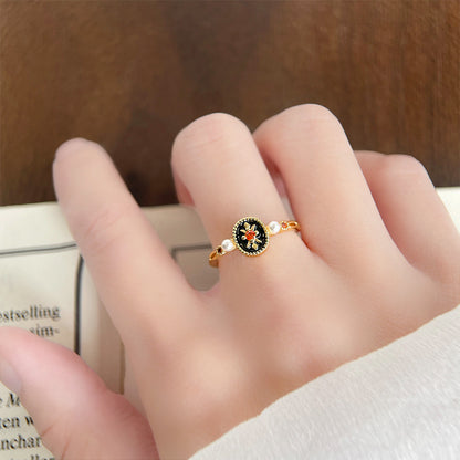 Retro 14k gold plated black enamel with pearl and zircon open finger rings Set of 5