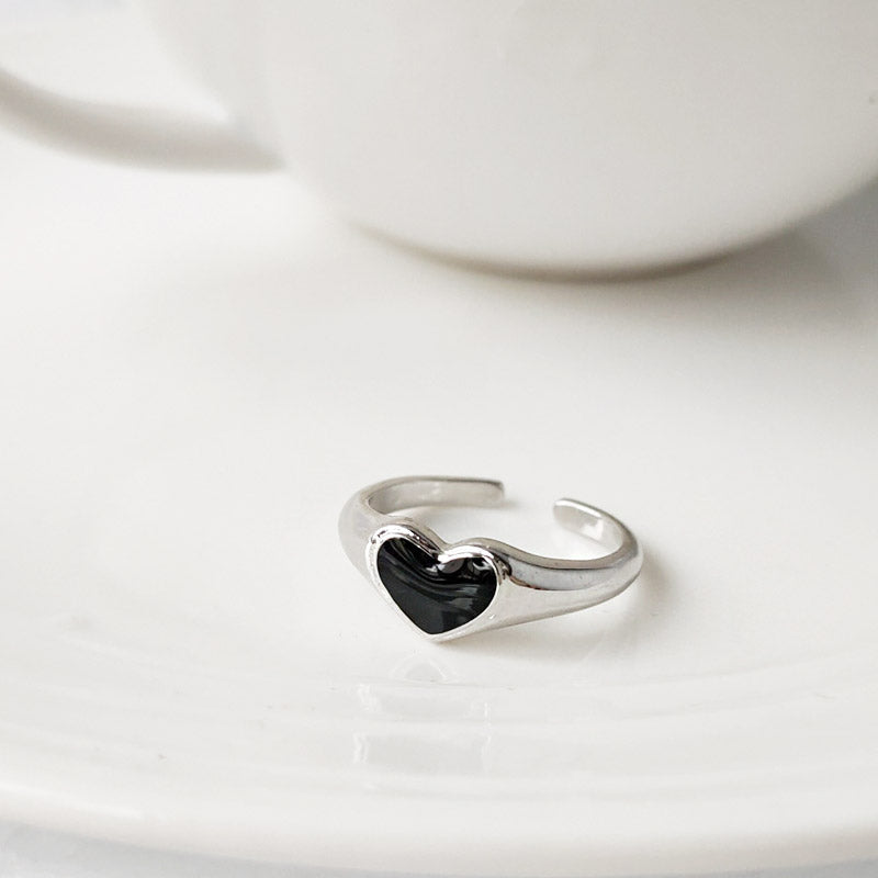 Silver plated black enamel heart open finger rings Set of 5