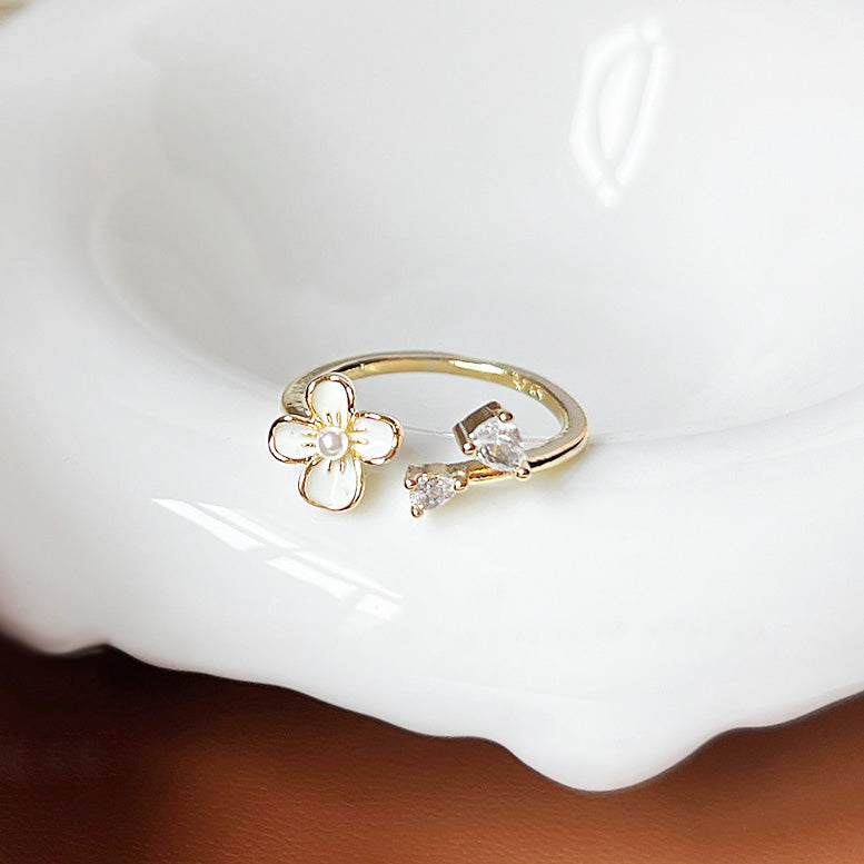 14k gold plated brass white enamel flower with pearl and zircon open finger rings Set of 5