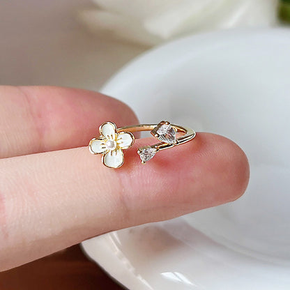 14k gold plated brass white enamel flower with pearl and zircon open finger rings Set of 5