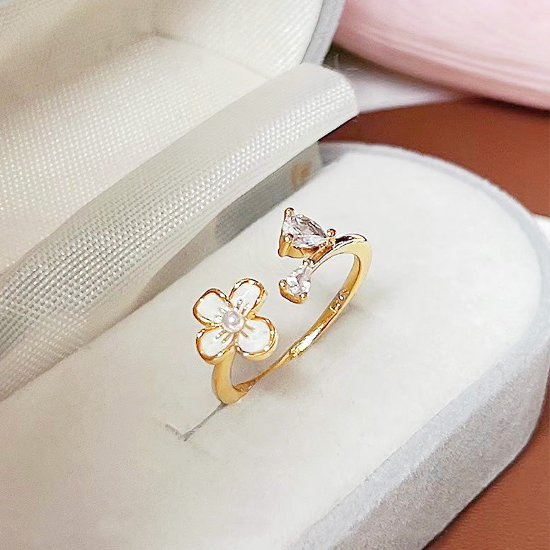 14k gold plated brass white enamel flower with pearl and zircon open finger rings Set of 5