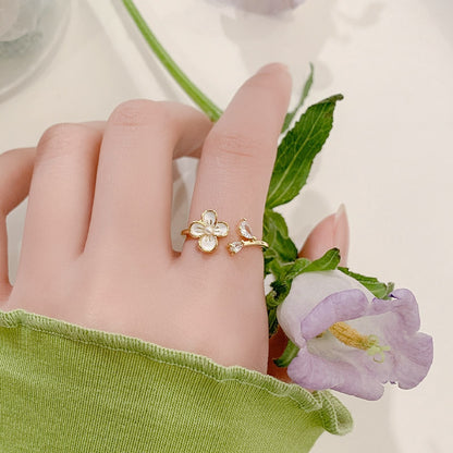 14k gold plated brass white enamel flower with pearl and zircon open finger rings Set of 5