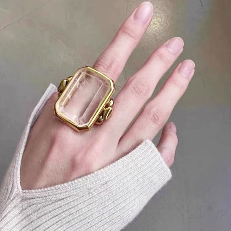 brass vintage large square stone transparent crystal rings Set of 5