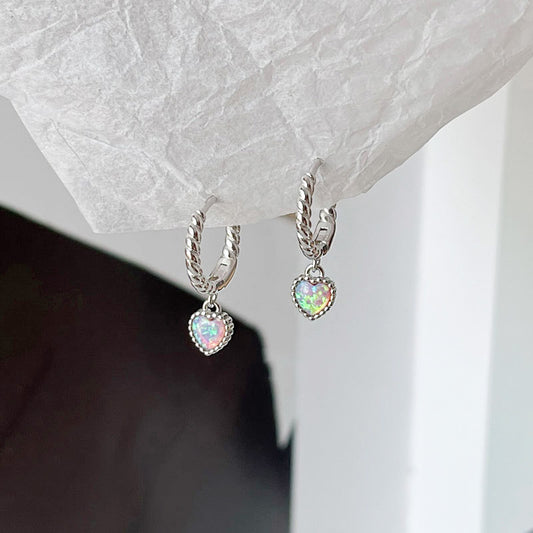 925 sterling silver opal stone heart hinged huggie hoop earrings (10 pairs)