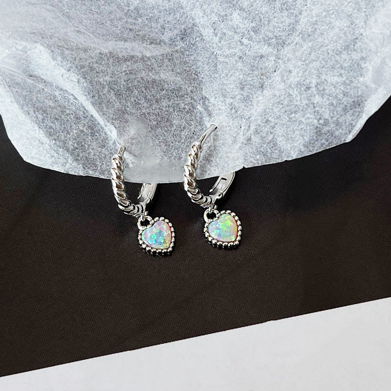 925 sterling silver opal stone heart hinged huggie hoop earrings (10 pairs)