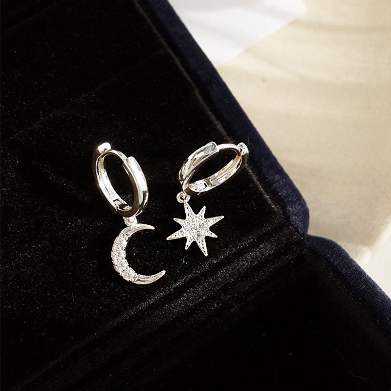 Pendientes tipo argolla con forma de luna y estrella de plata de ley 925 (10 pares)