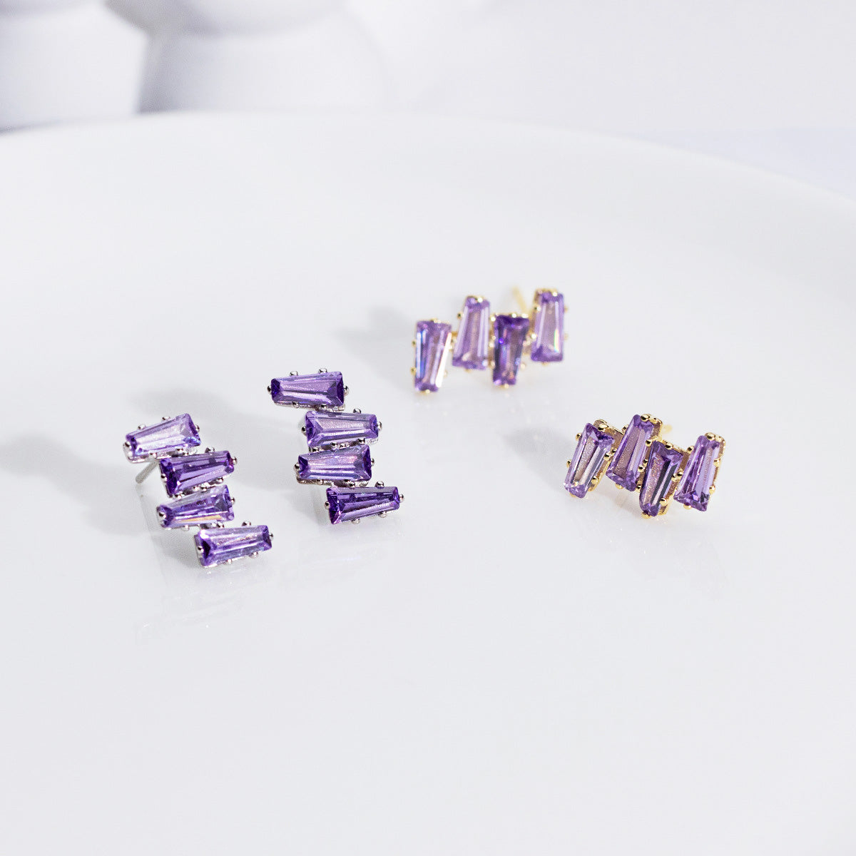 Wholesale 925 sterling silver purple crystal jagged baguette stud earrings (5 pairs)