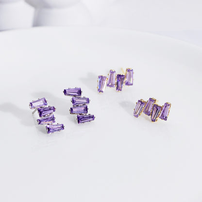 Wholesale 925 sterling silver purple crystal jagged baguette stud earrings (5 pairs)