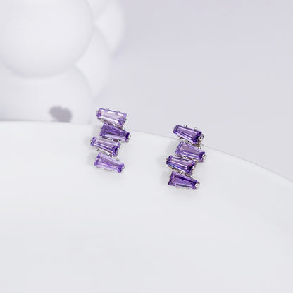 Wholesale 925 sterling silver purple crystal jagged baguette stud earrings (5 pairs)