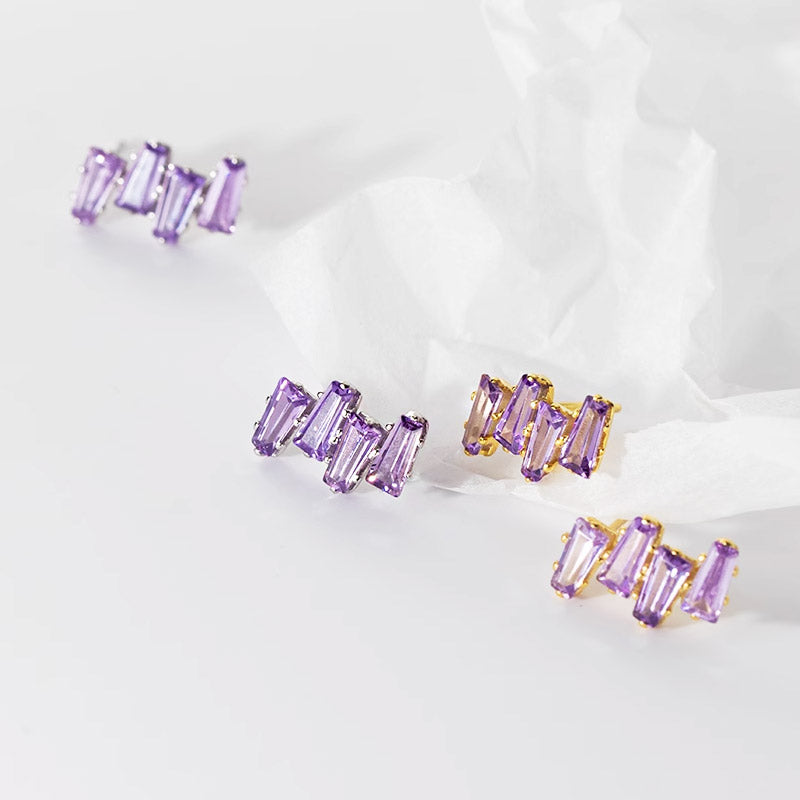 Wholesale 925 sterling silver purple crystal jagged baguette stud earrings (5 pairs)