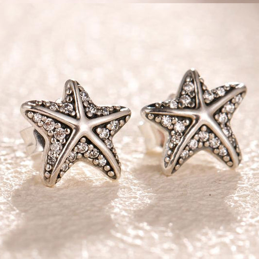 Pendientes vintage de plata de ley 925 con forma de estrella de mar y océano (10 pares)