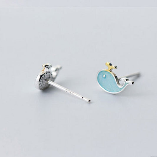 Pendientes de plata de ley 925 con forma de ballena azul y mar pequeño (10 pares)