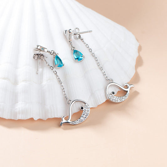 Boucles d'oreilles pendantes chaîne baleine en pierre bleue de mer en argent sterling 925 (10 paires)