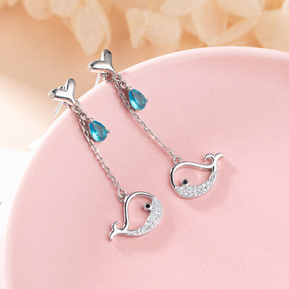 Boucles d'oreilles pendantes chaîne baleine en pierre bleue de mer en argent sterling 925 (10 paires)