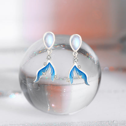 Boucles d'oreilles pendantes percées en argent sterling 925 avec pierre de lune et queue de sirène (10 paires)