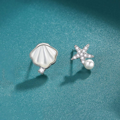 Boucles d'oreilles asymétriques en argent sterling 925, coquille simple, étoile de mer, perles (10 paires)