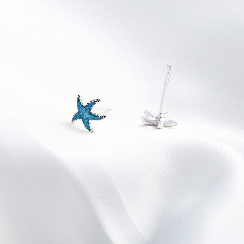 925 sterling silver ocean sea tiny blue enamel starfish stud earrings(5 pairs)