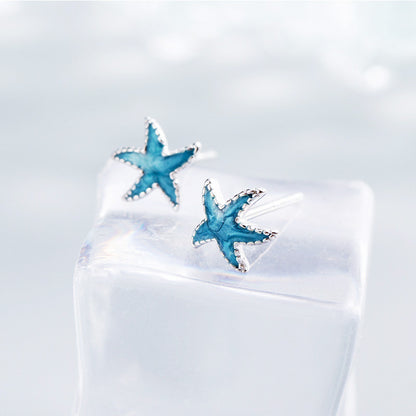 925 sterling silver ocean sea tiny blue enamel starfish stud earrings(5 pairs)