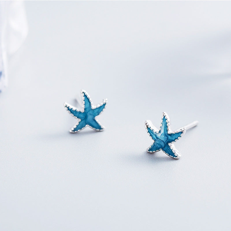 925 sterling silver ocean sea tiny blue enamel starfish stud earrings(5 pairs)