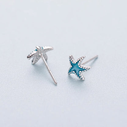 925 sterling silver ocean sea tiny blue enamel starfish stud earrings(5 pairs)