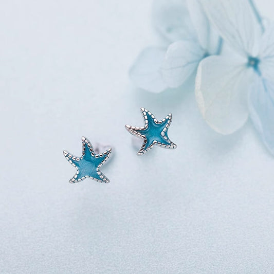 Pendientes de plata de ley 925 con diseño de estrella de mar y esmalte azul diminutos (10 pares)