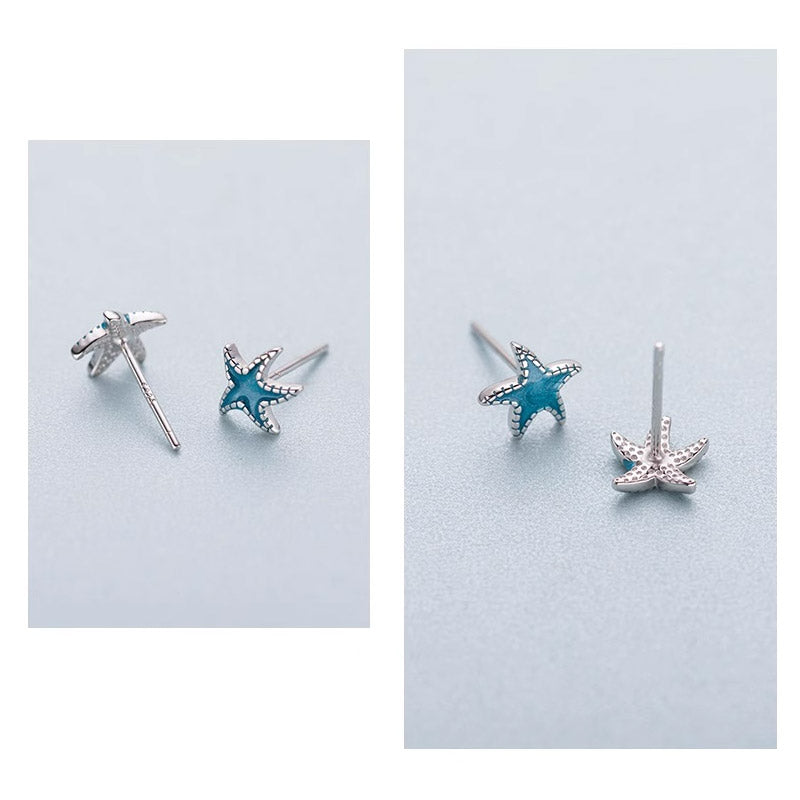 925 sterling silver ocean sea tiny blue enamel starfish stud earrings(5 pairs)