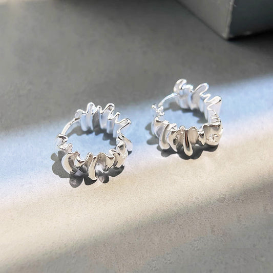 Boucles d'oreilles créoles simples plissées irrégulières en forme de C en argent sterling 925 (10 paires)