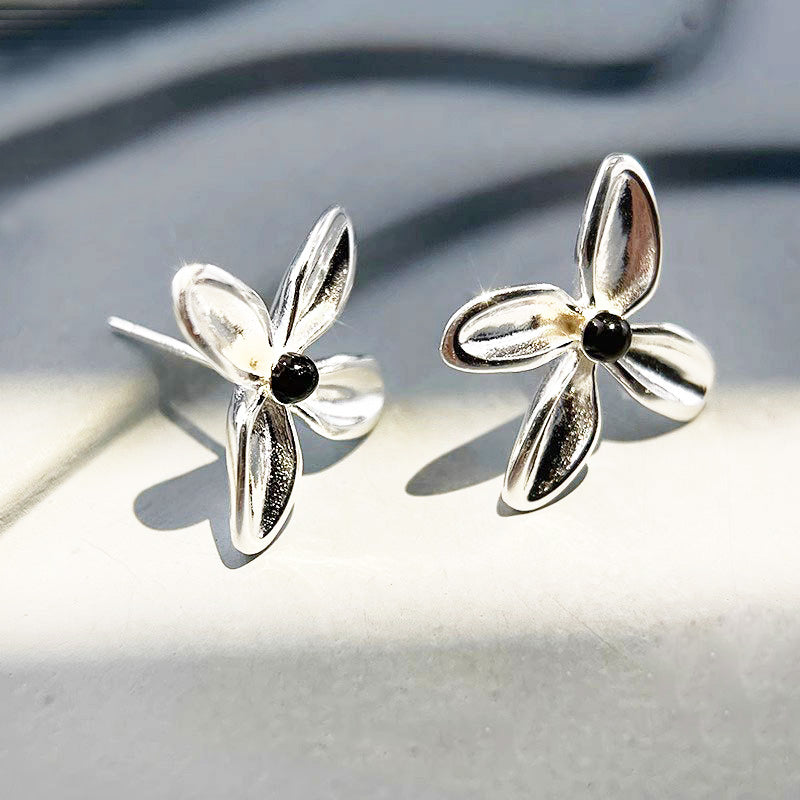 925 sterling silver simple black onyx flower stud earrings (5 pairs)