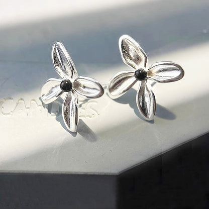 925 sterling silver simple black onyx flower stud earrings (5 pairs)