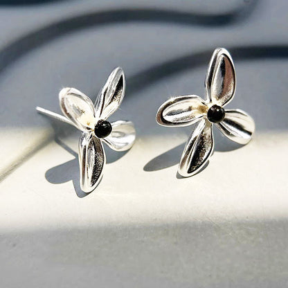 925 sterling silver simple black onyx flower stud earrings (5 pairs)