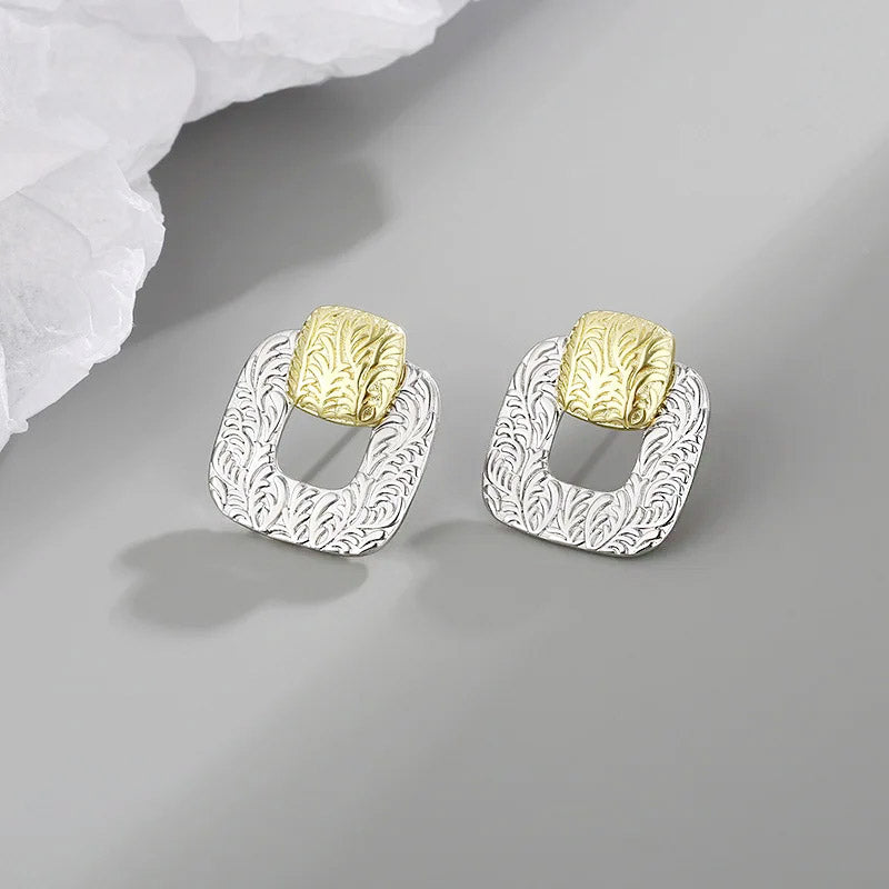 Boucles d'oreilles carrées creuses géométriques bicolores en argent sterling 925 (10 paires)