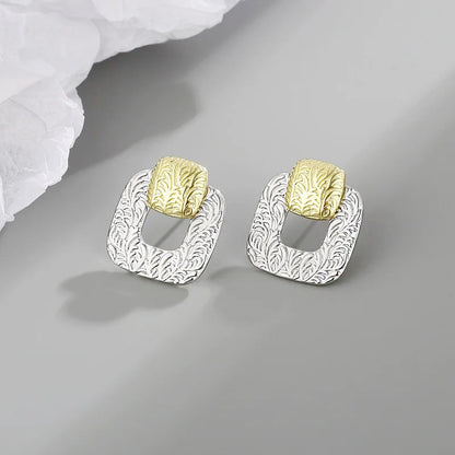 Pendientes cuadrados huecos geométricos bicolor de plata de ley 925 (10 pares)