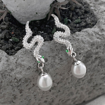 S925 sterling silver gothic punk green-eye snake pearl drop earrings (5 pairs)