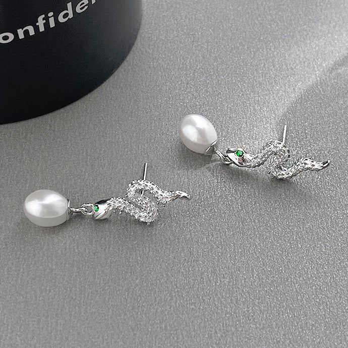 S925 sterling silver gothic punk green-eye snake pearl drop earrings (5 pairs)