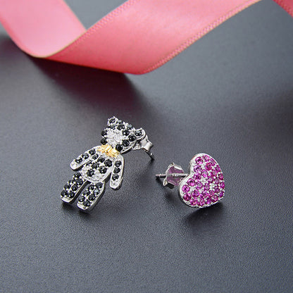 Boucles d'oreilles coeur et ours en peluche pavé de zircons en argent sterling 925 (10 paires)