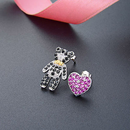 925 sterling silver pave zircon heart and teddy bear stud earrings (5 pairs)