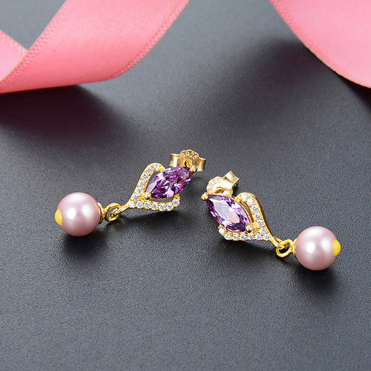 Pendientes colgantes de plata de ley 925 con circonitas de cristal violeta y una sola perla (10 pares)