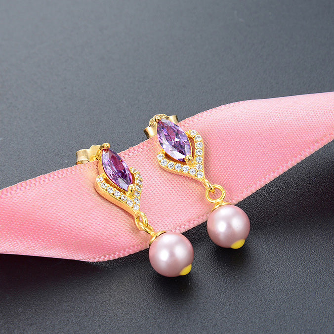 925 sterling silver purple crystal zircon with single pearl drop earrings (10 pairs)