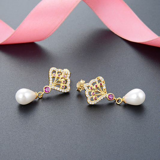 Pendientes colgantes de perlas estilo princesa en plata de ley 925 bañada en oro (10 pares)